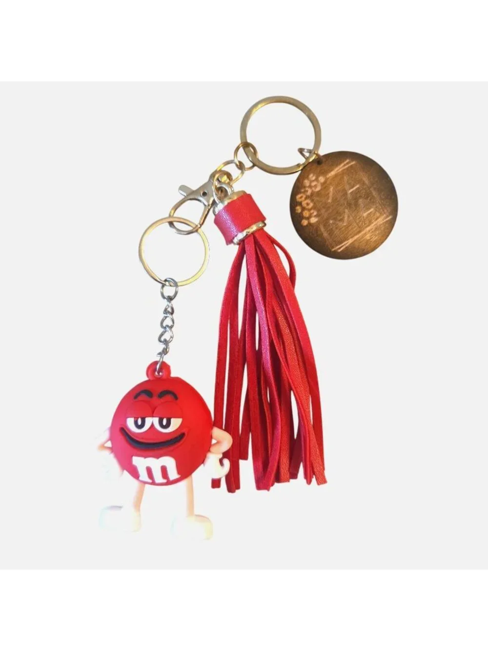 Red M&M Pendant Key Ring with Tassel and Wood MaMa Charm Gold Tone